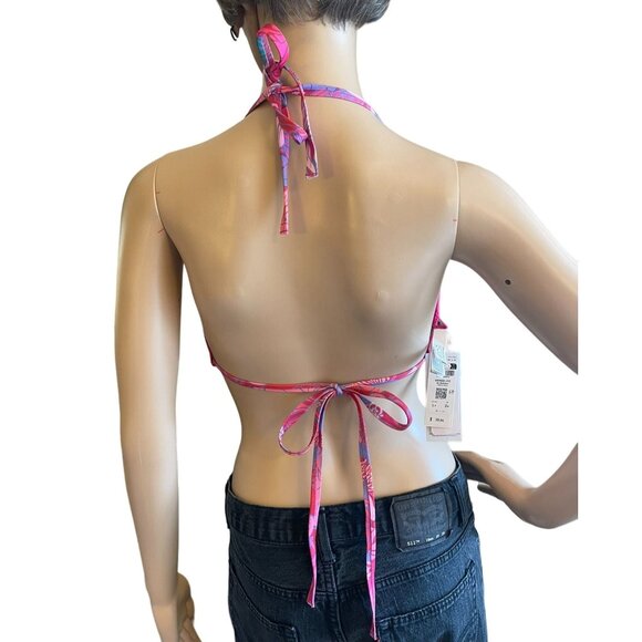 Etam Reversible Tropical Splash Halter Bikini Swim Top Sz L+ Pink to Floral - Picture 4 of 9